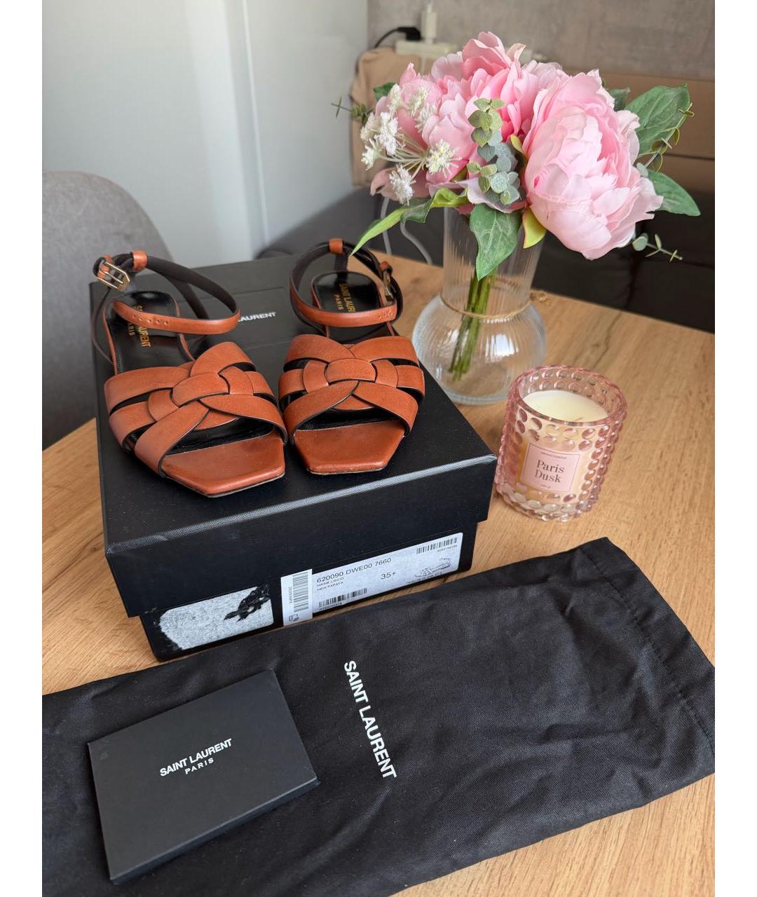 SAINT LAURENT Коричневые кожаные сандалии, фото 6