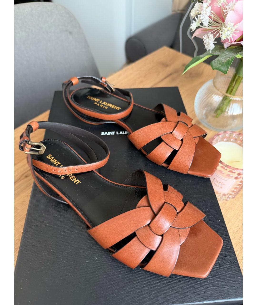 SAINT LAURENT Коричневые кожаные сандалии, фото 2