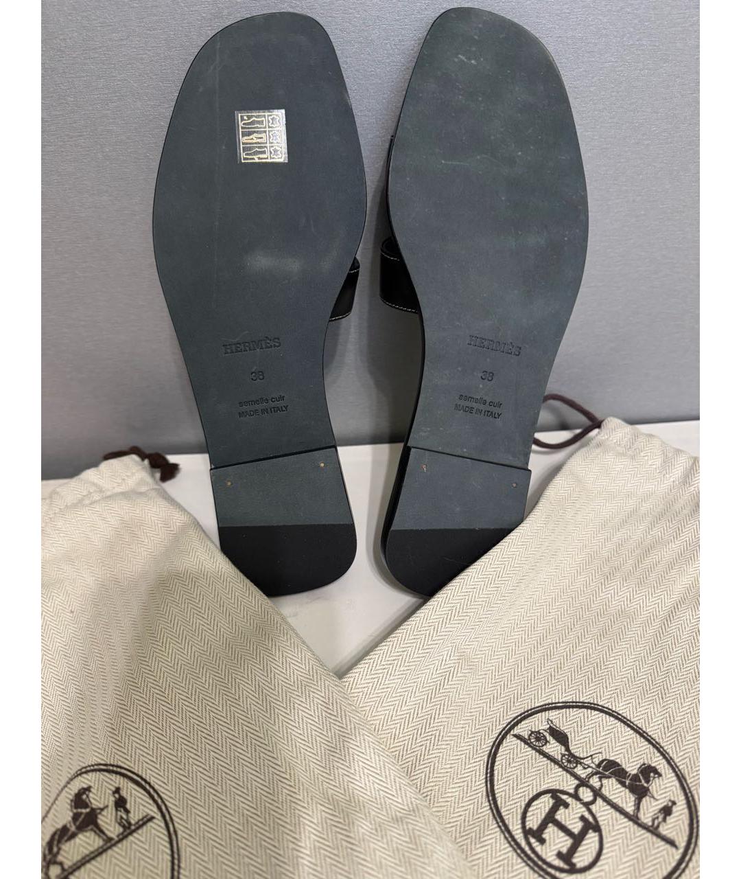 HERMES Черные кожаные шлепанцы, фото 5