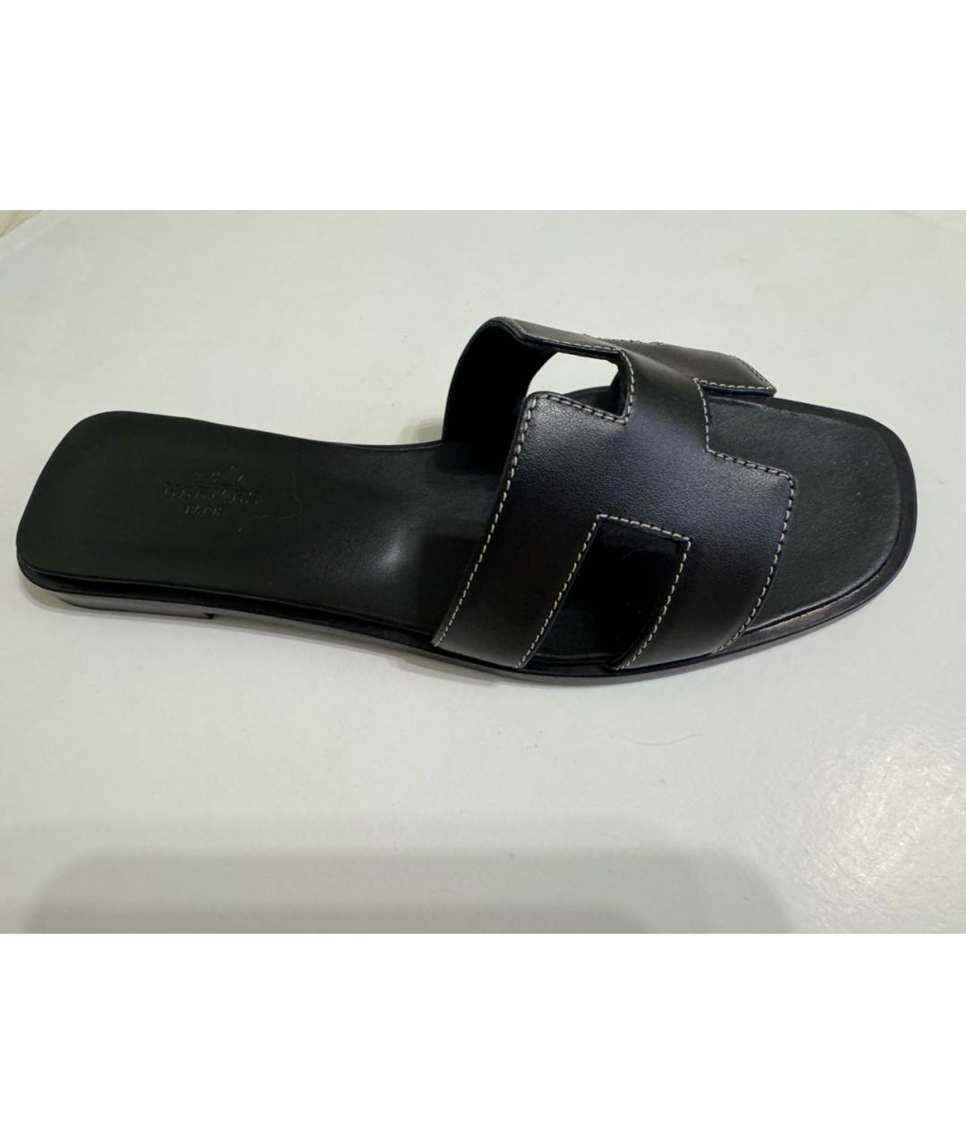 HERMES Черные кожаные шлепанцы, фото 7