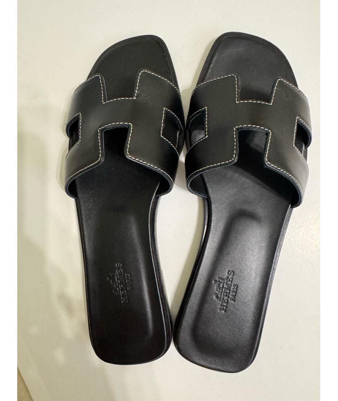 HERMES Черные кожаные шлепанцы, фото 3