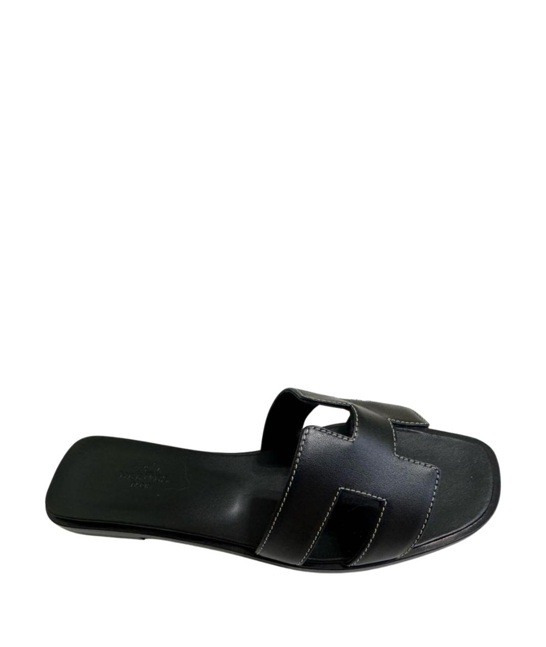 HERMES Черные кожаные шлепанцы, фото 1