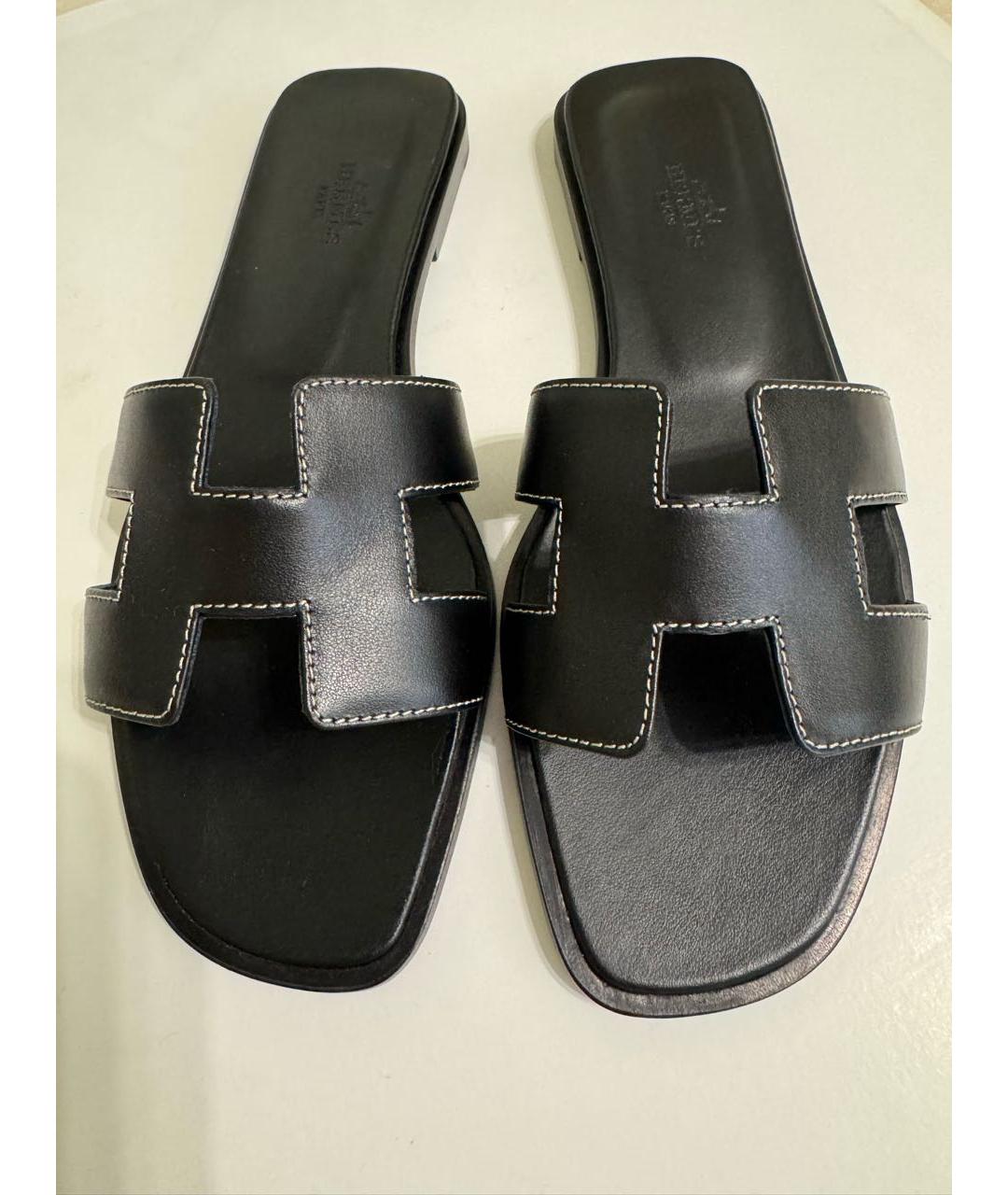 HERMES Черные кожаные шлепанцы, фото 2