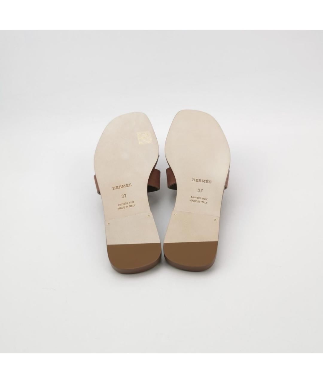 HERMES Коричневые кожаные шлепанцы, фото 5