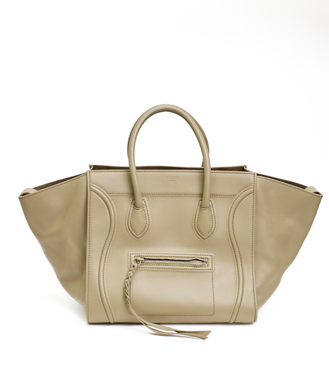 CELINE Бежевая кожаная сумка с короткими ручками, фото 6