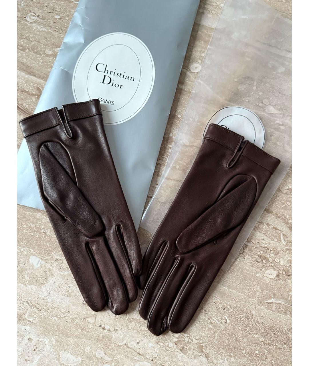 CHRISTIAN DIOR Коричневые кожаные перчатки, фото 6