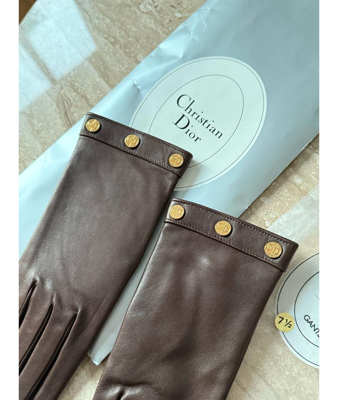 CHRISTIAN DIOR Коричневые кожаные перчатки, фото 7