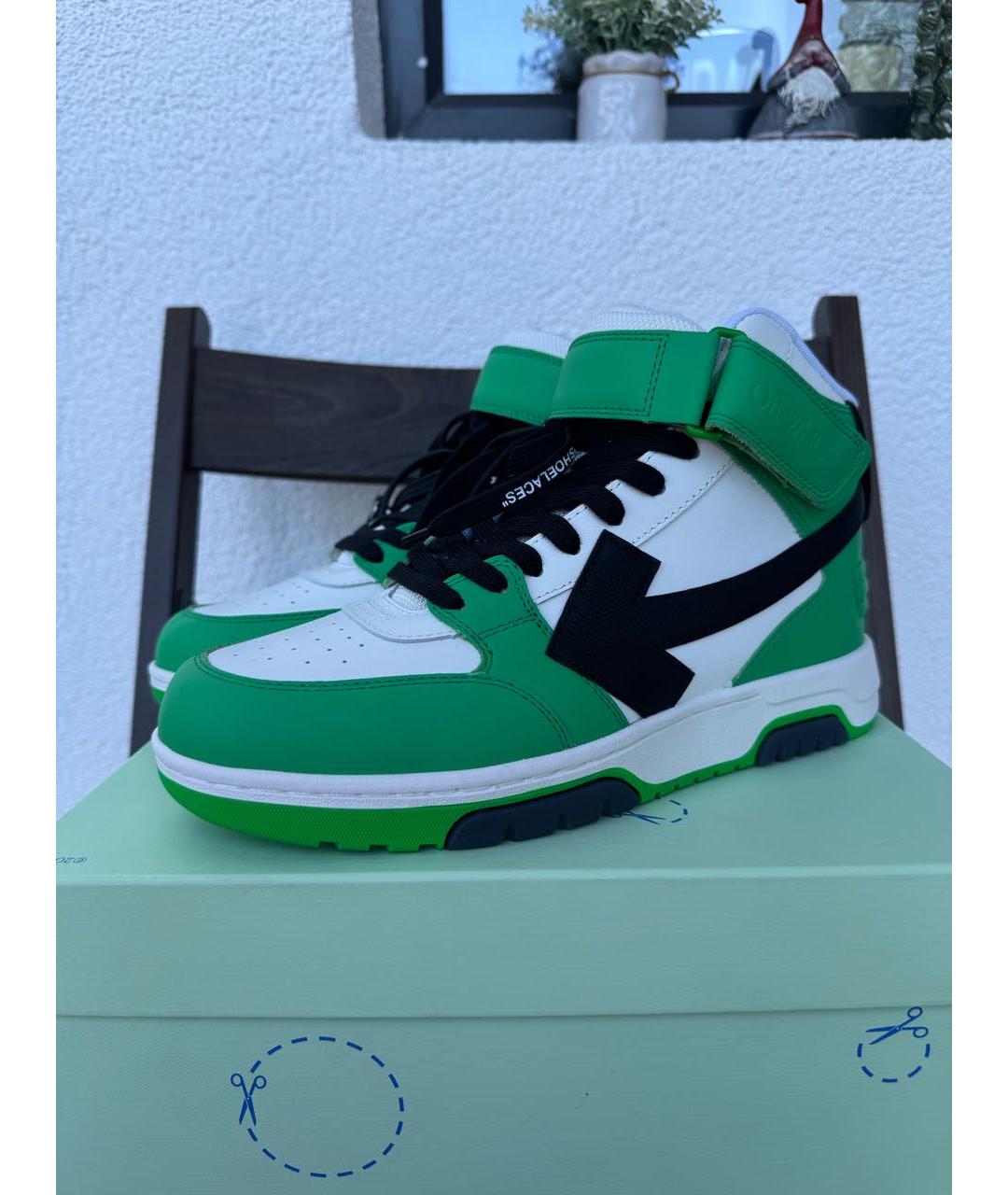 OFF-WHITE Зеленые кожаные высокие кроссовки / кеды, фото 3