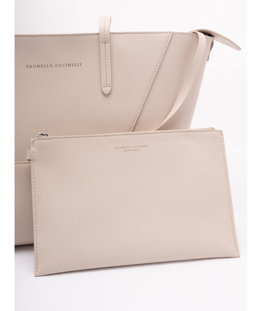 BRUNELLO CUCINELLI Бежевая кожаная сумка тоут, фото 4