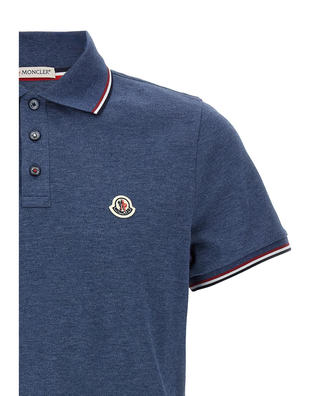 MONCLER Синее хлопковое поло с коротким рукавом, фото 3
