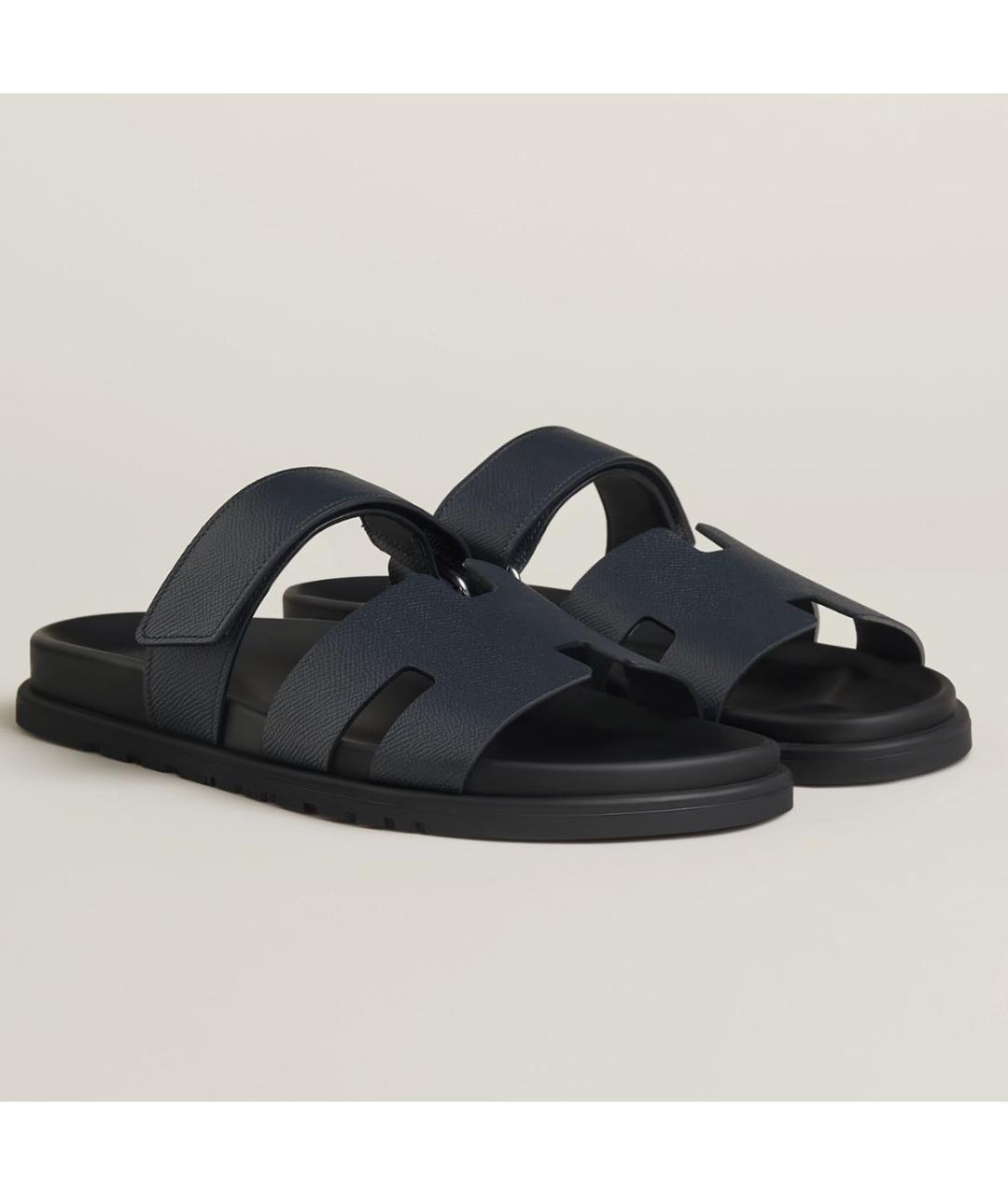 HERMES Темно-синие кожаные шлепанцы, фото 4