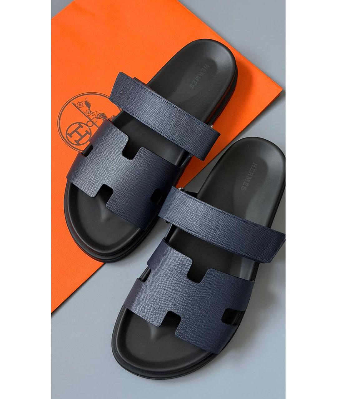 HERMES Темно-синие кожаные шлепанцы, фото 2