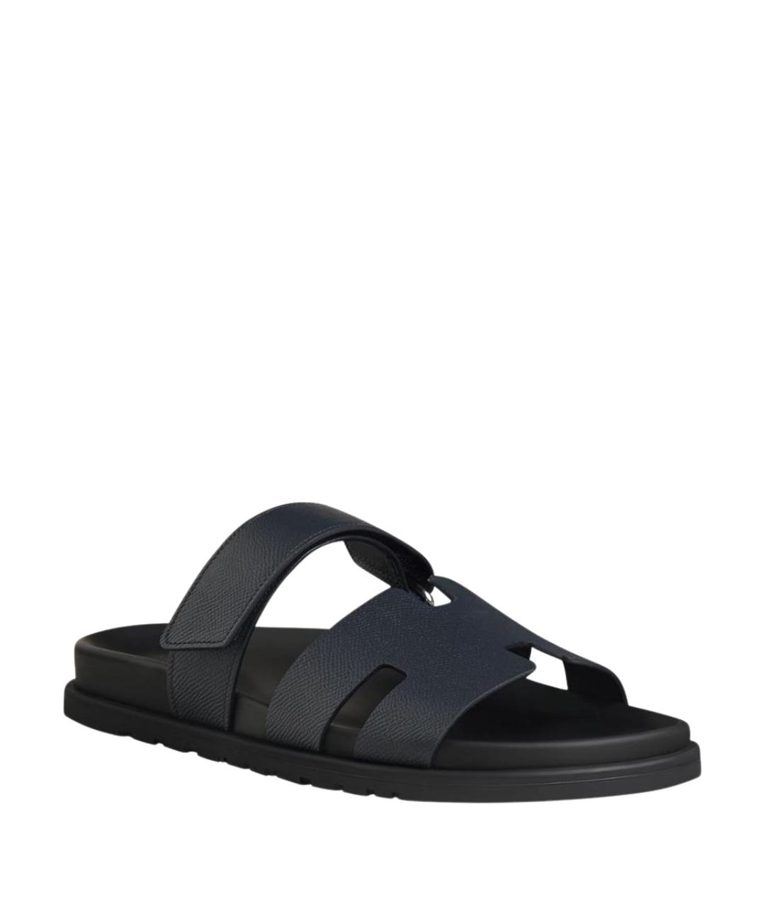 HERMES Темно-синие кожаные шлепанцы, фото 1