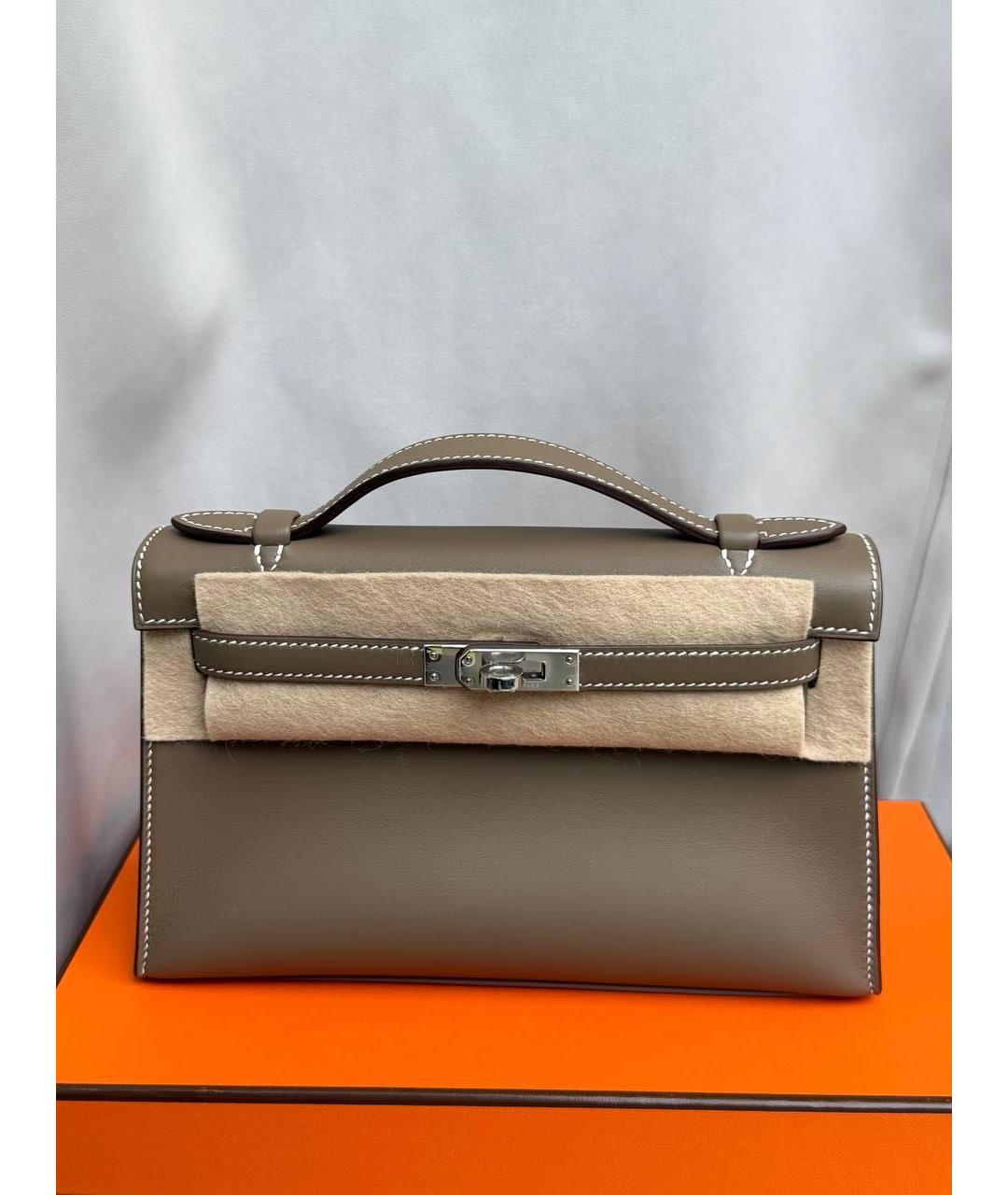HERMES Серая кожаная сумка с короткими ручками, фото 9