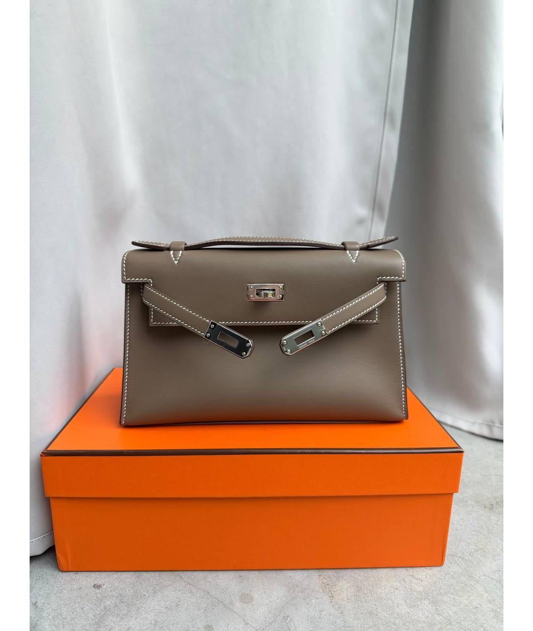 HERMES Серая кожаная сумка с короткими ручками, фото 7