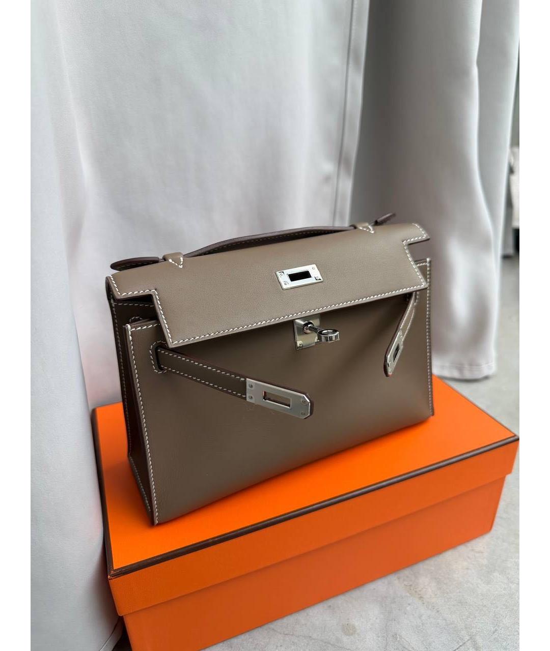 HERMES Серая кожаная сумка с короткими ручками, фото 8