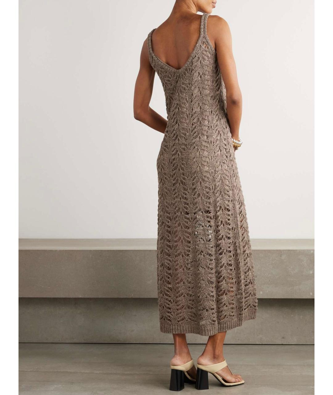 BRUNELLO CUCINELLI Коричневое льняное коктейльное платье, фото 5
