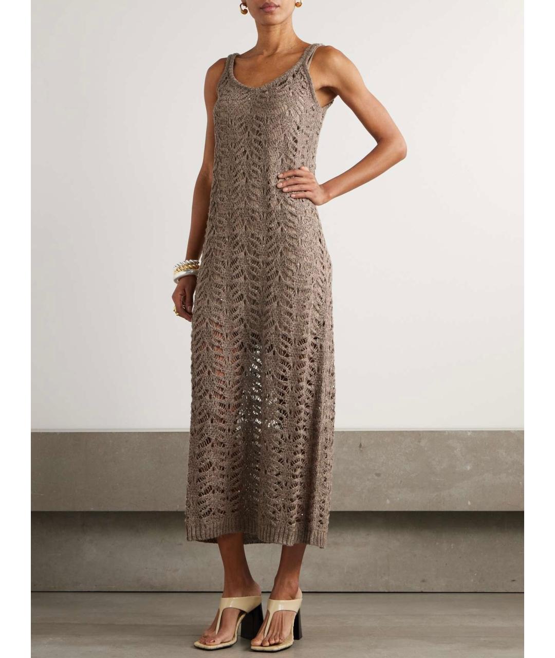 BRUNELLO CUCINELLI Коричневое льняное коктейльное платье, фото 4