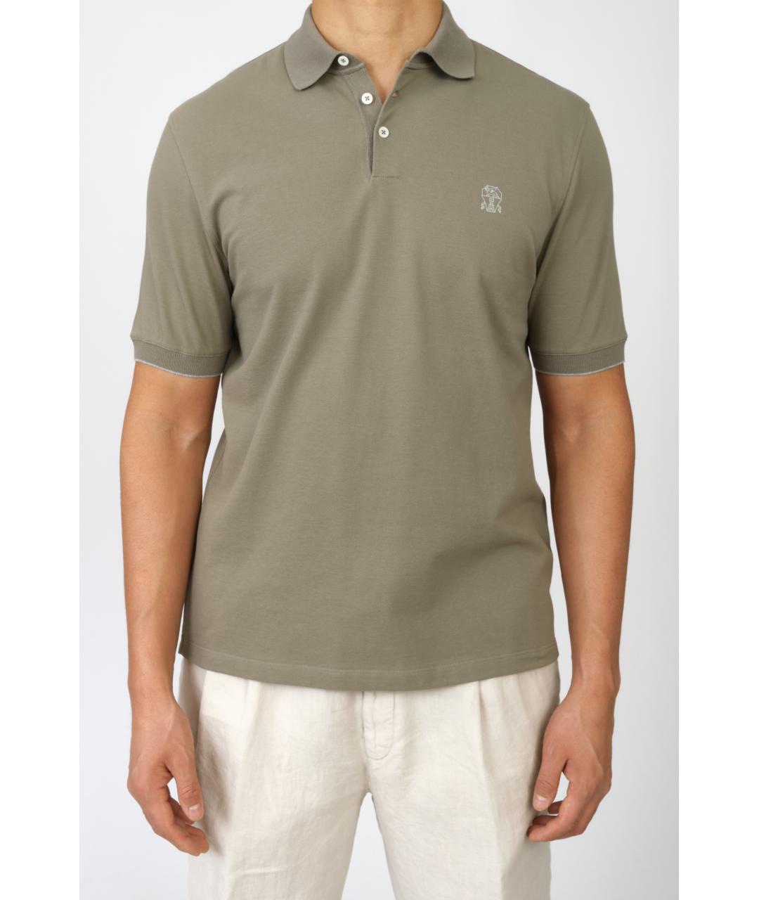 BRUNELLO CUCINELLI Хаки хлопковое поло с коротким рукавом, фото 6