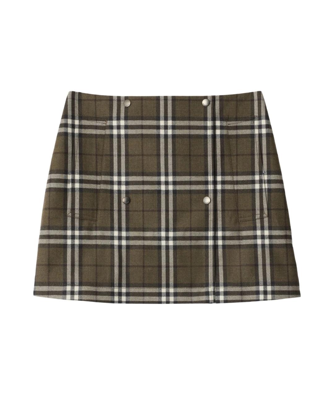 BURBERRY Хаки шерстяная юбка мини, фото 1