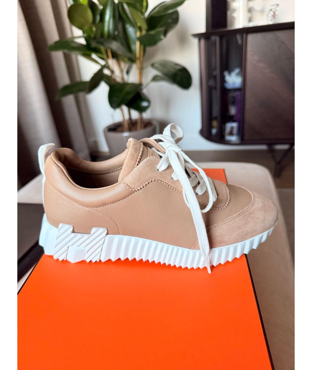 HERMES Бежевые кожаные кроссовки, фото 7