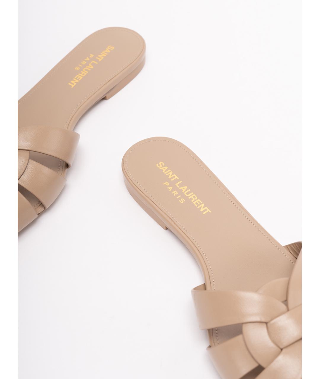 SAINT LAURENT Бежевые кожаные шлепанцы, фото 6