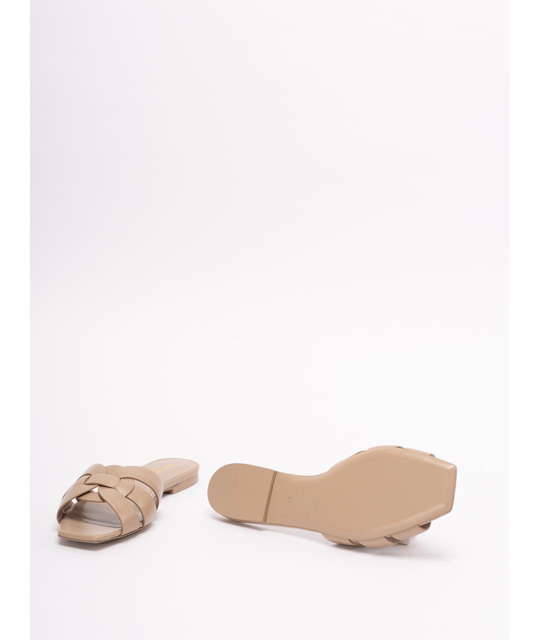 SAINT LAURENT Бежевые кожаные шлепанцы, фото 4