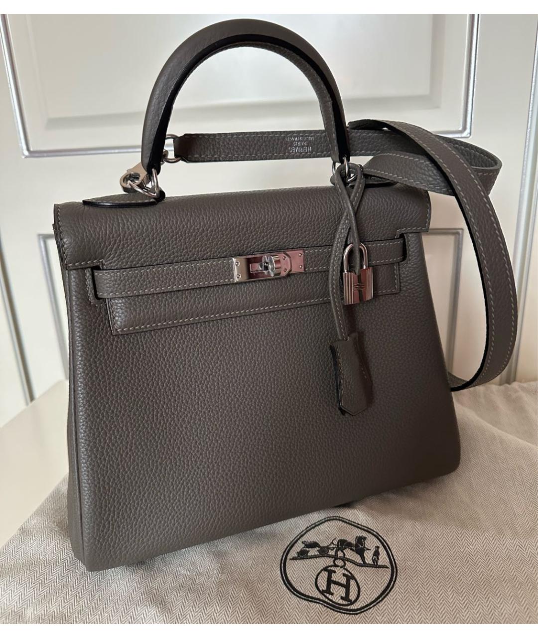 HERMES Серая кожаная сумка с короткими ручками, фото 8