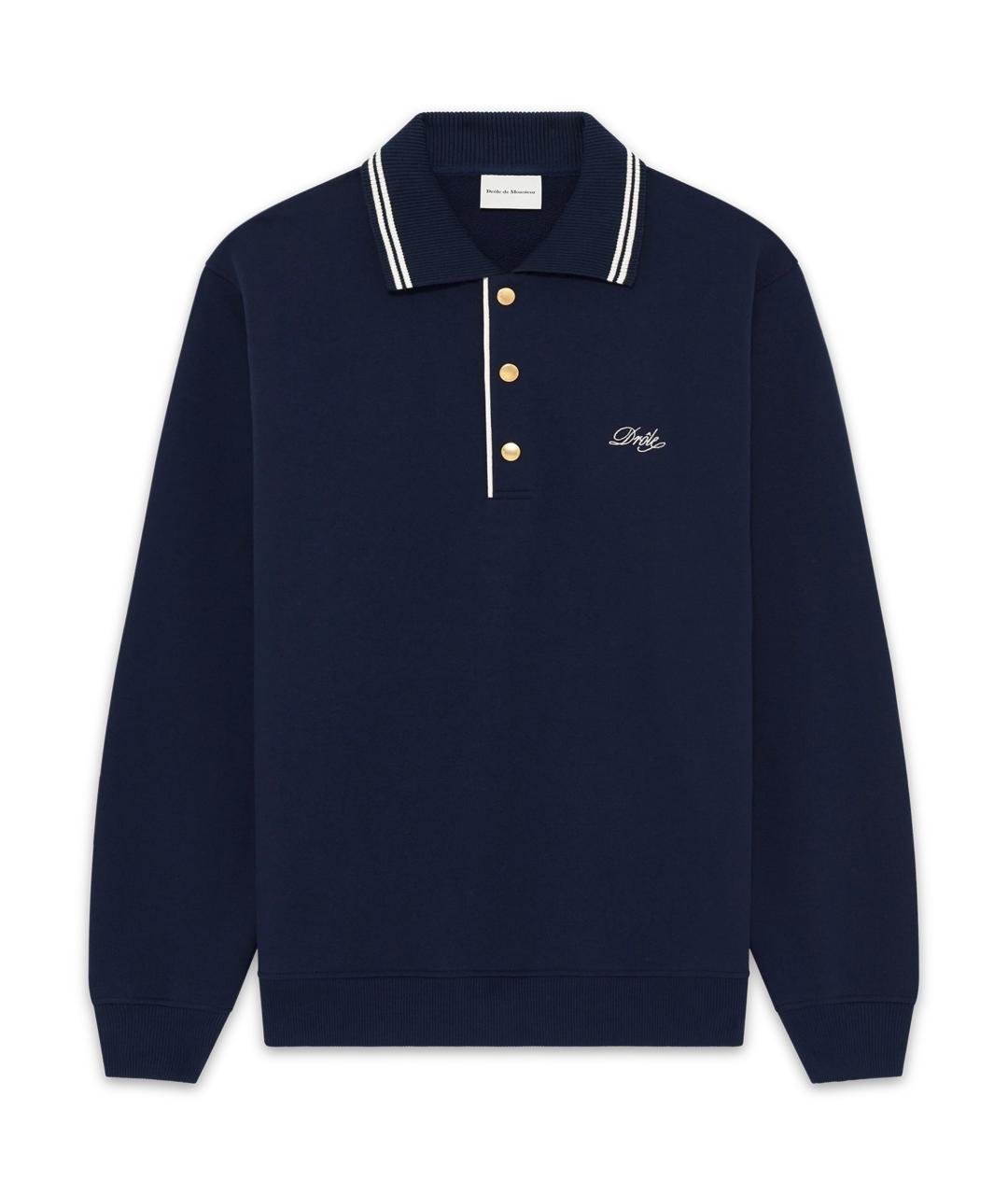 Drole de Monsieur Синее хлопковое поло с длинным рукавом, фото 1