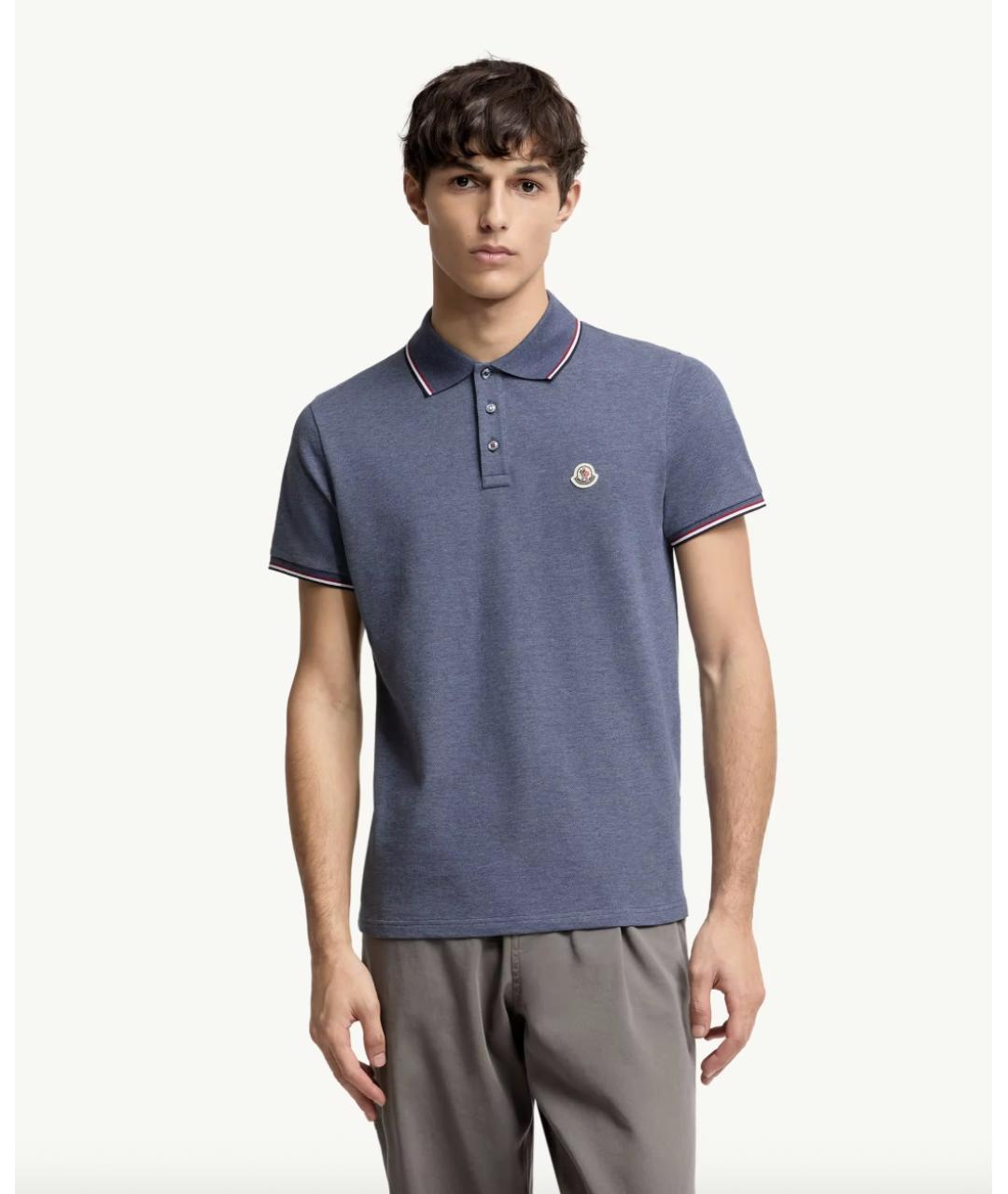 MONCLER Синее хлопковое поло с коротким рукавом, фото 4