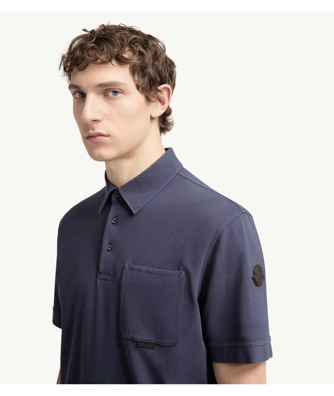 MONCLER Синее хлопковое поло с коротким рукавом, фото 3