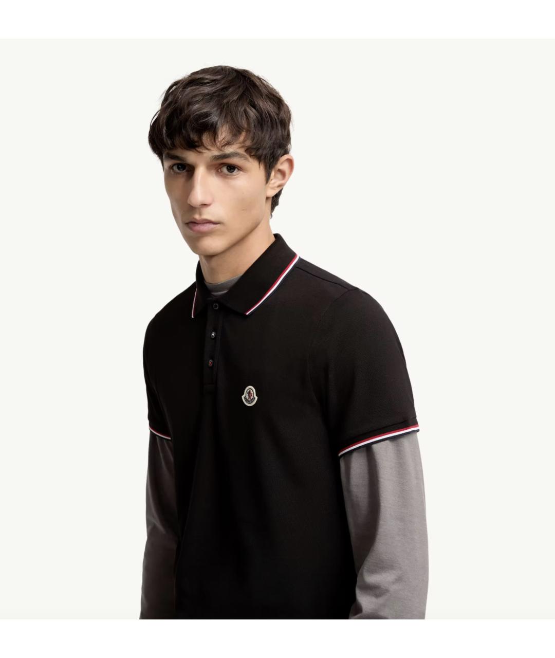 MONCLER Черное хлопковое поло с коротким рукавом, фото 3