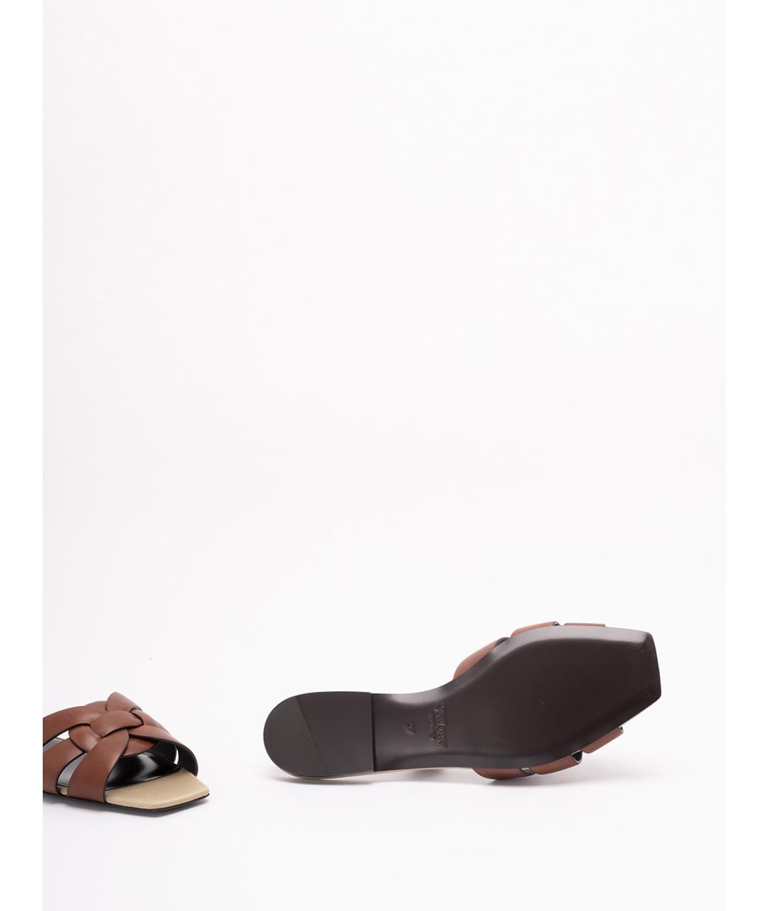 SAINT LAURENT Коричневые кожаные шлепанцы, фото 4