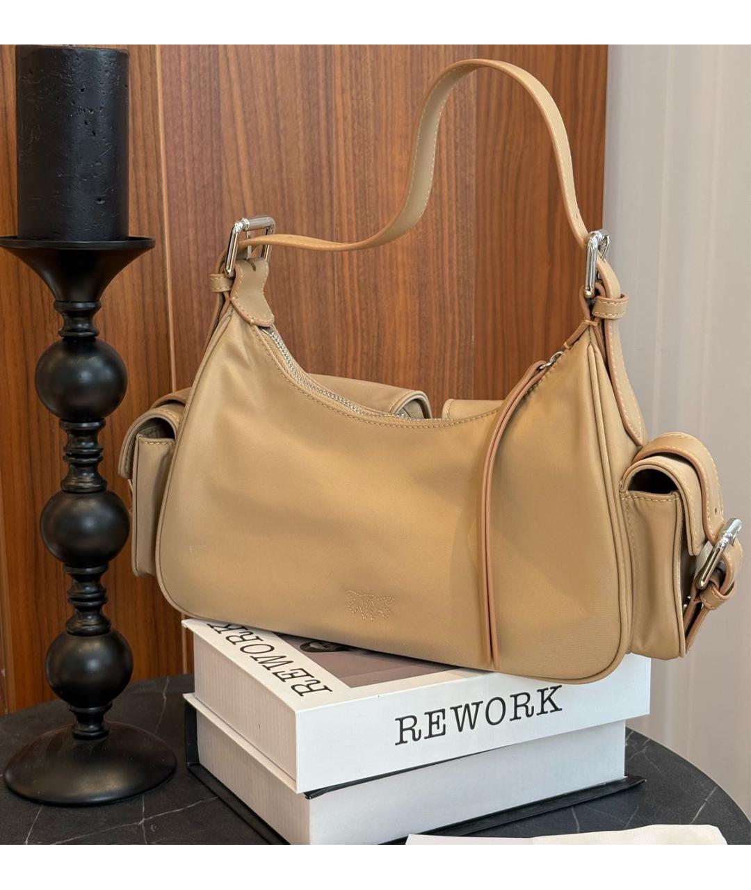 PINKO Бежевая кожаная сумка через плечо, фото 5