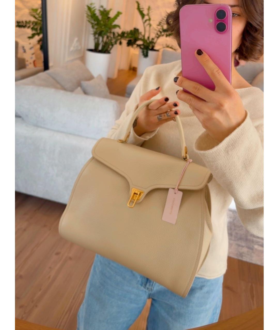 COCCINELLE Бежевая кожаная сумка с короткими ручками, фото 4