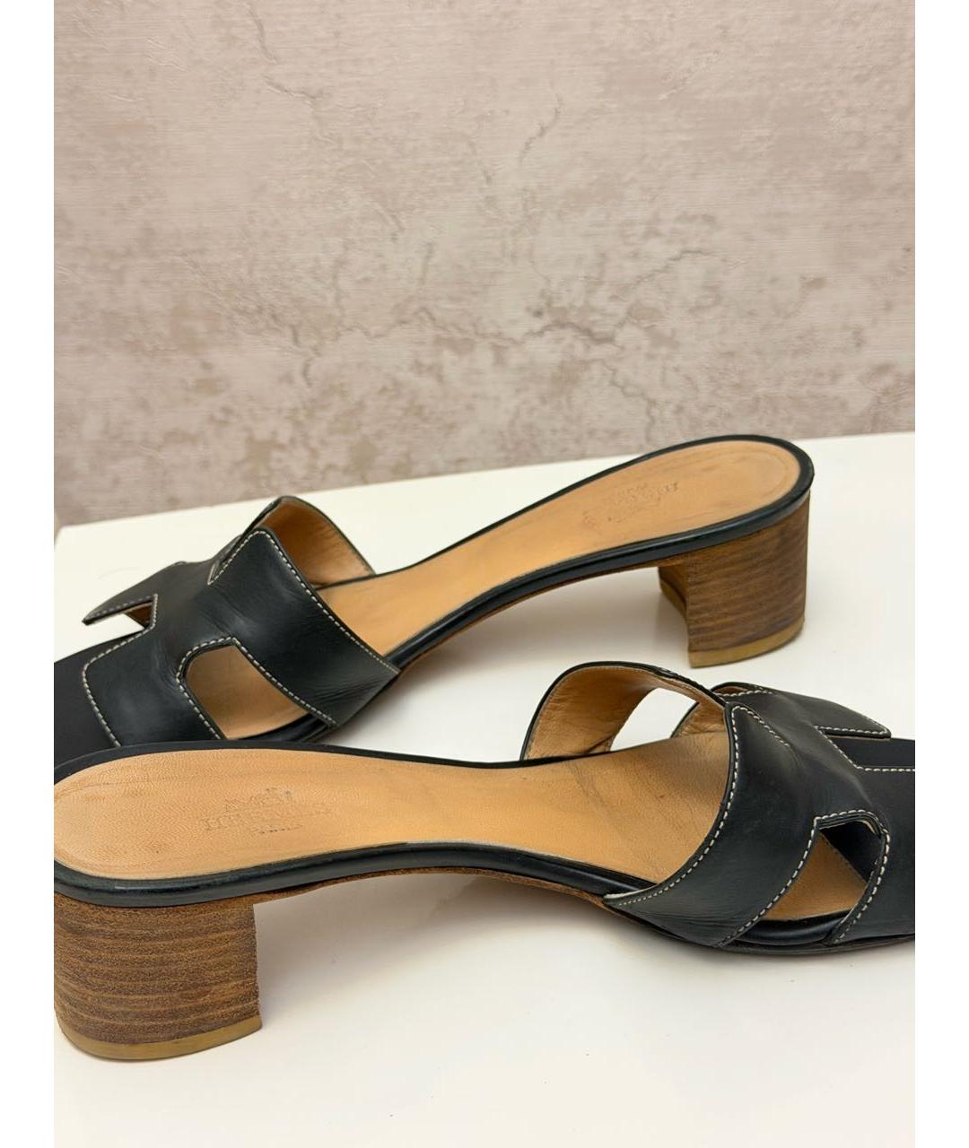 HERMES Черные кожаные мюли, фото 2