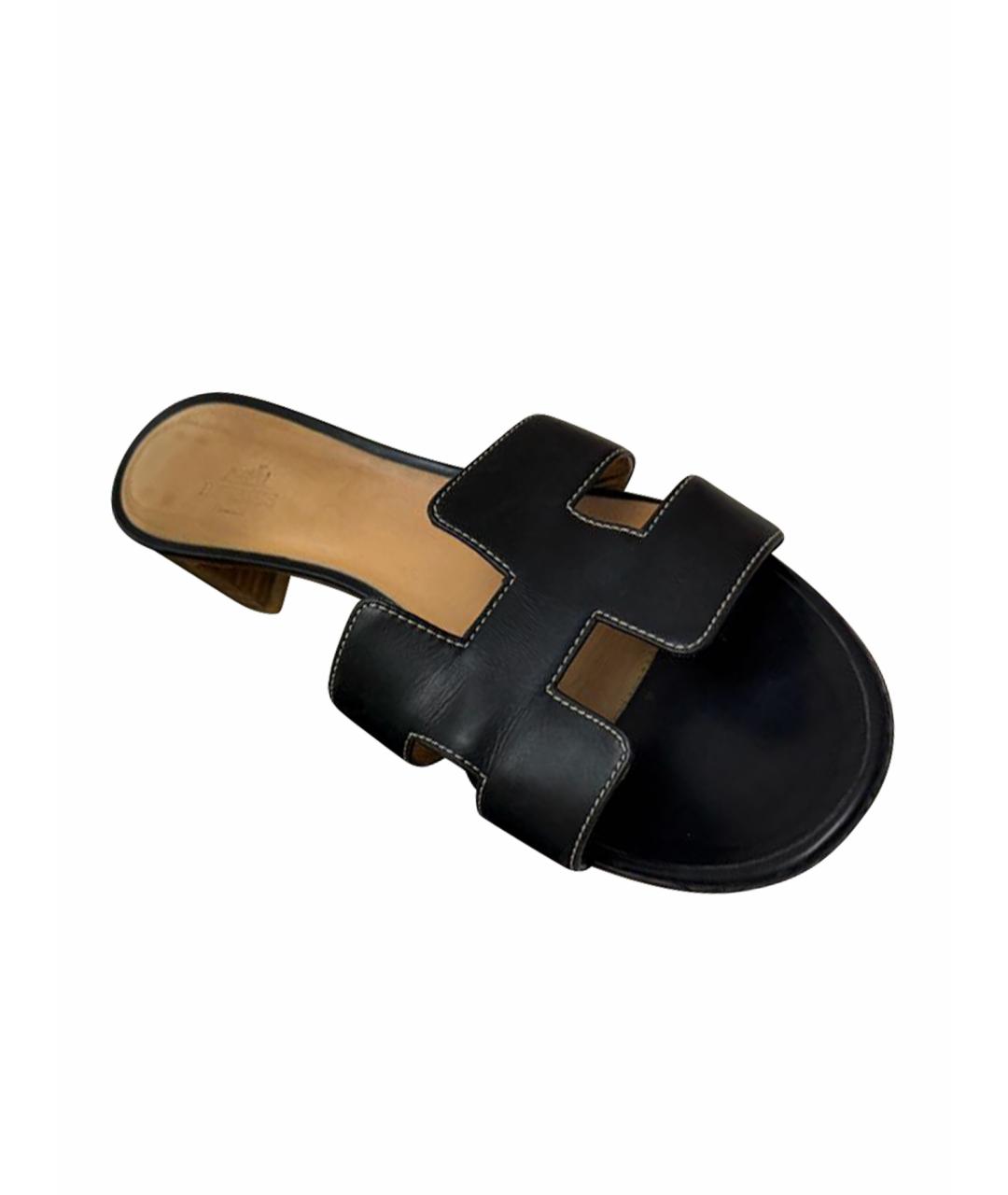 HERMES Черные кожаные мюли, фото 1