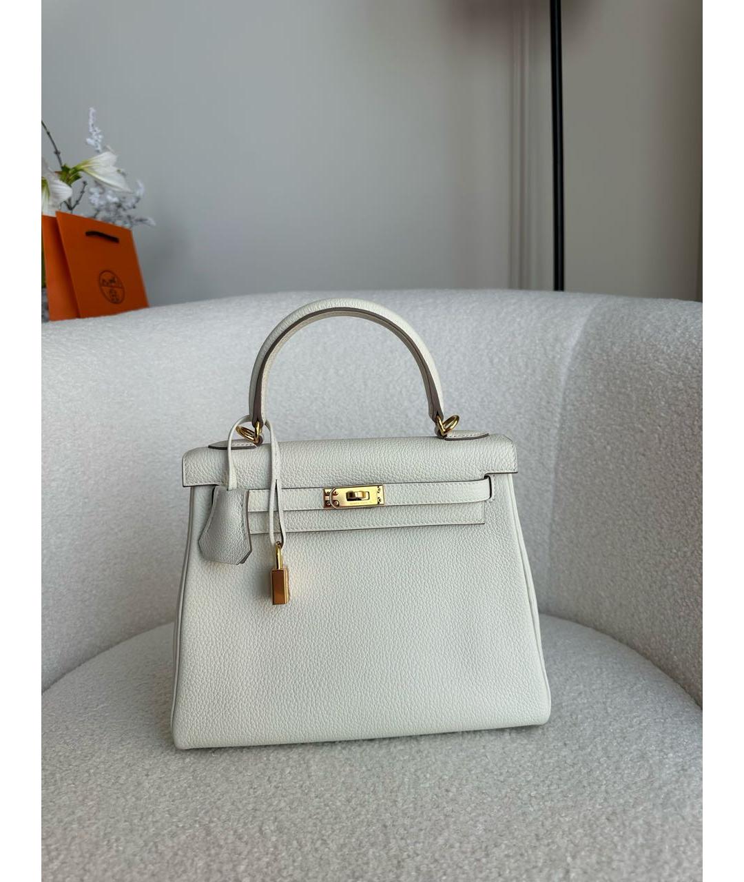 HERMES Белая кожаная сумка с короткими ручками, фото 4