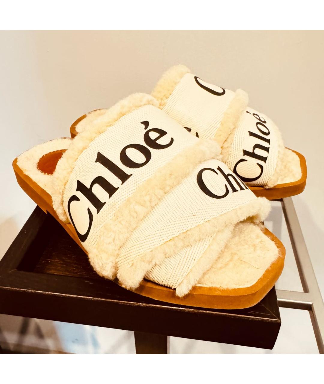 CHLOE Бежевые текстильные шлепанцы, фото 4