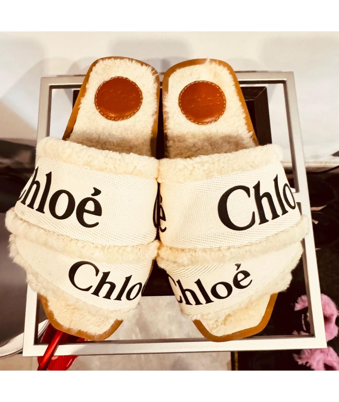 CHLOE Бежевые текстильные шлепанцы, фото 2