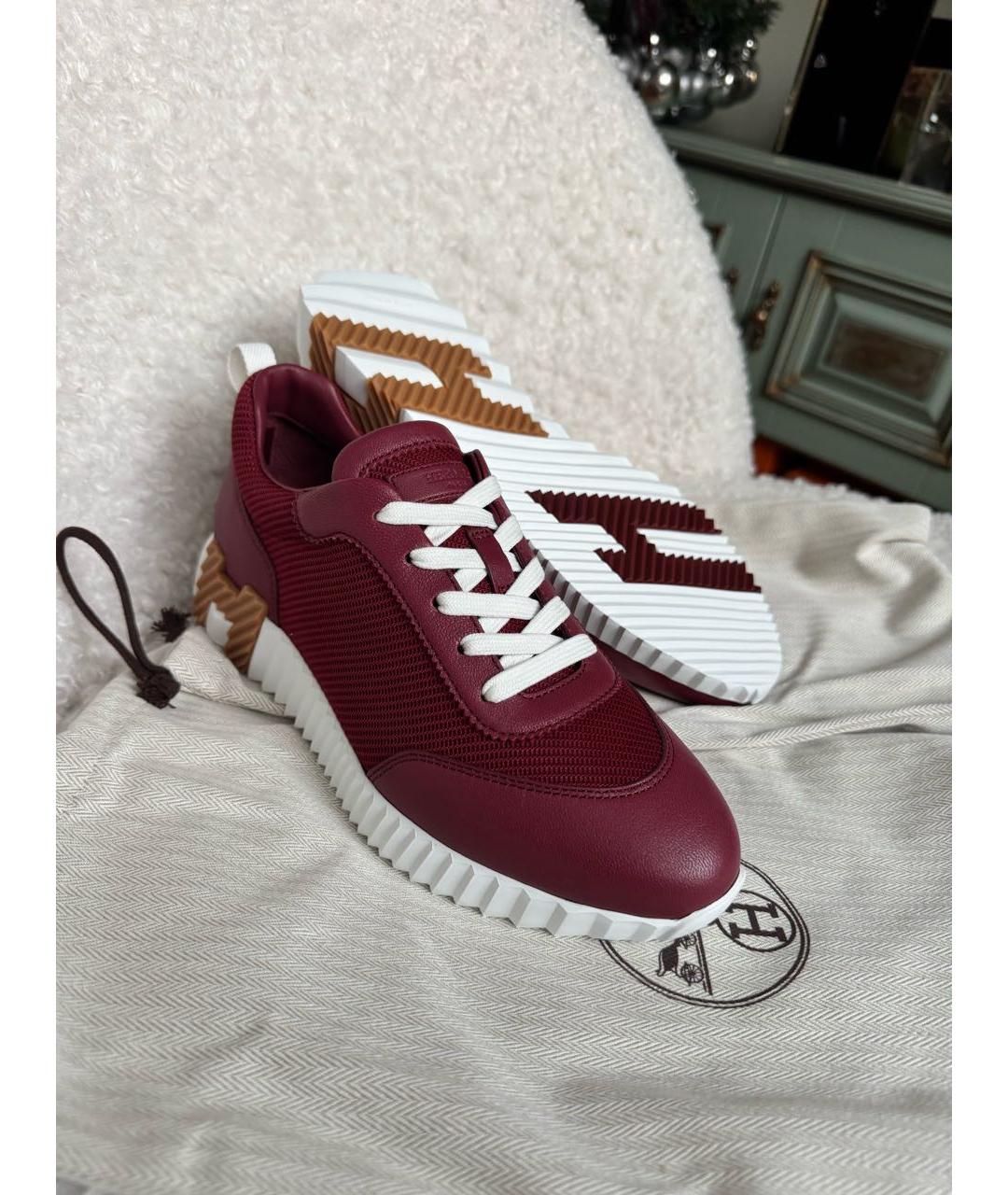 HERMES Бордовые кожаные кроссовки, фото 3