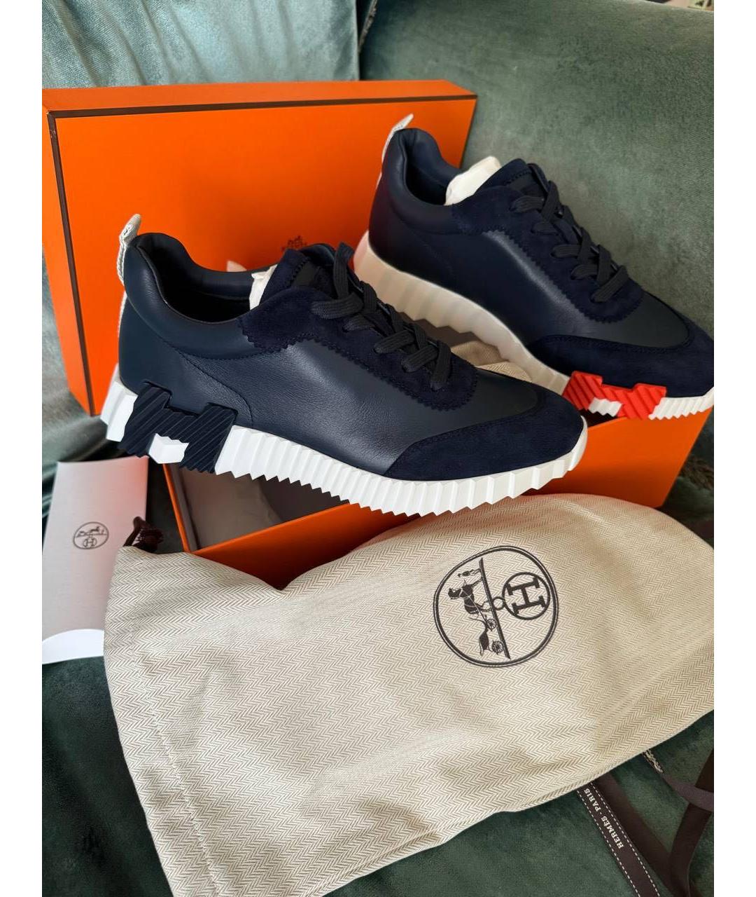 HERMES Темно-синие кожаные низкие кроссовки / кеды, фото 2