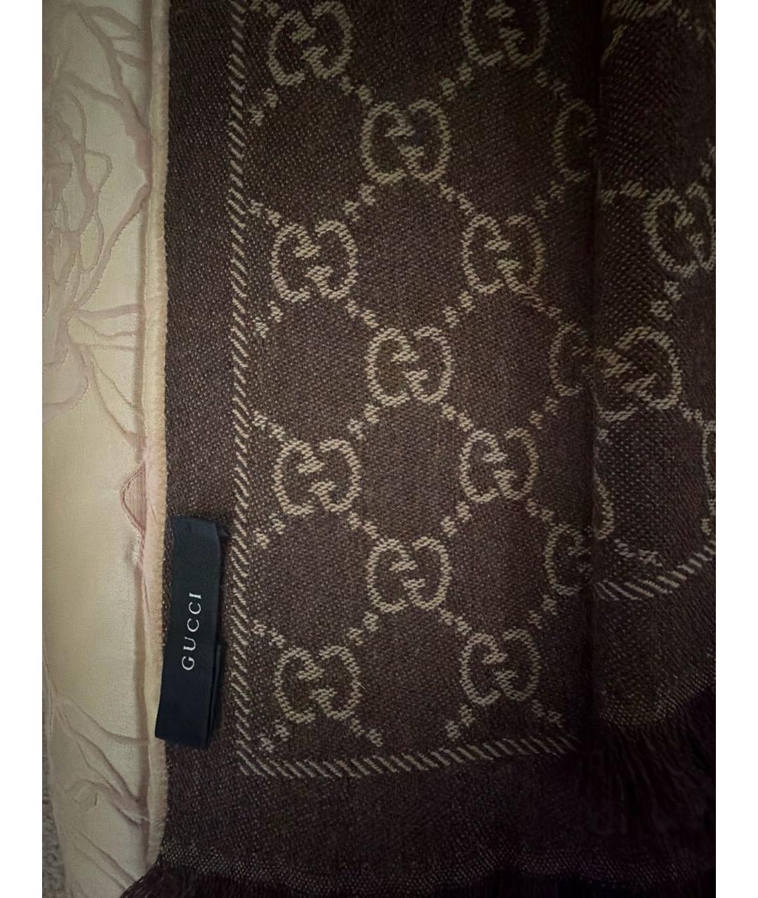 GUCCI Коричневый шерстяной шарф, фото 3