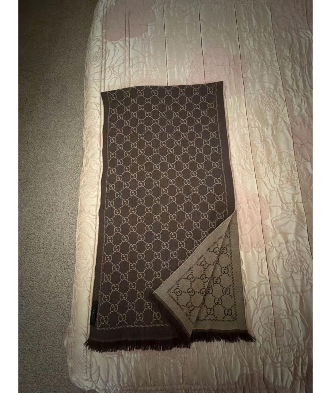 GUCCI Коричневый шерстяной шарф, фото 6