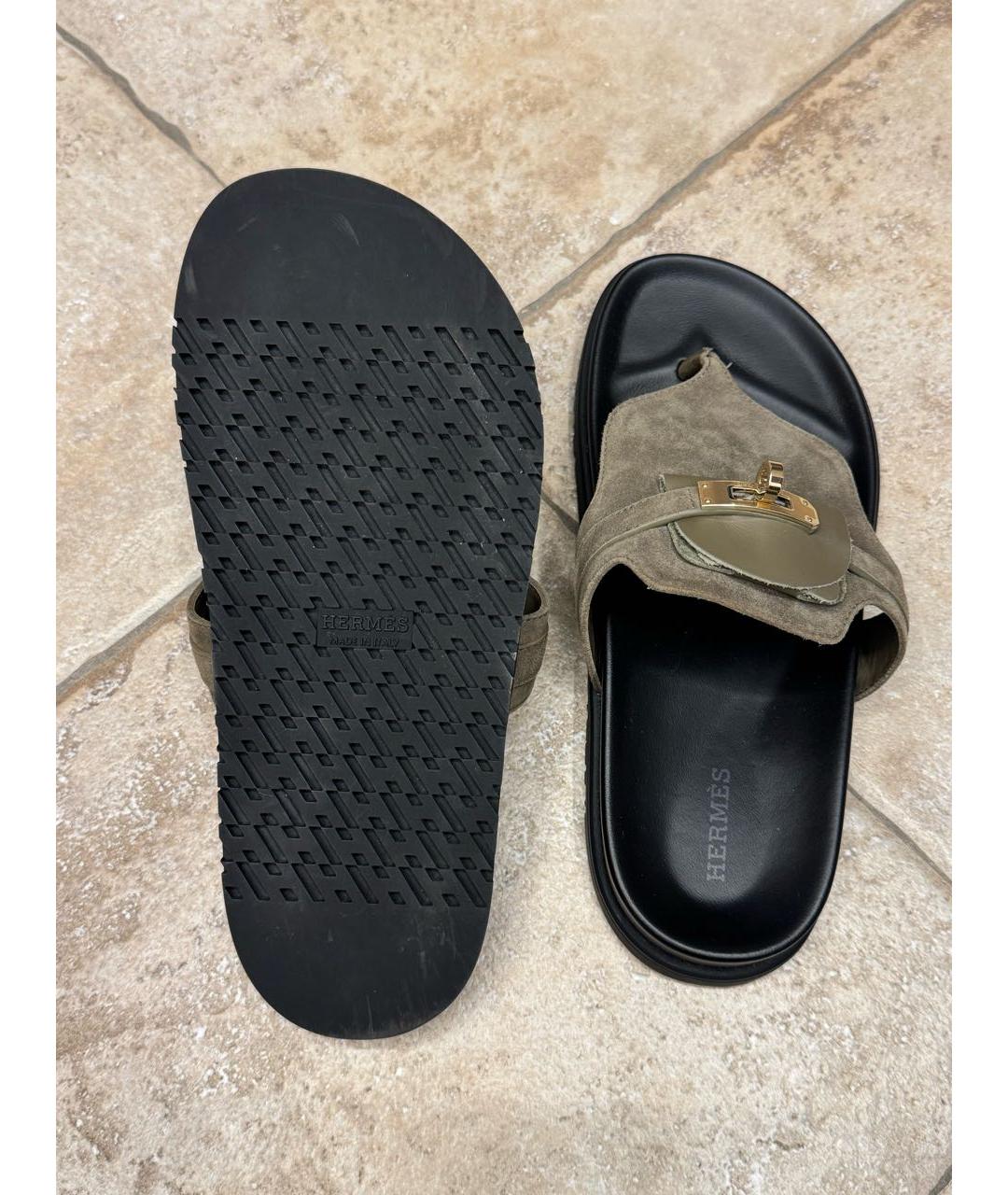 HERMES Хаки замшевые шлепанцы, фото 4