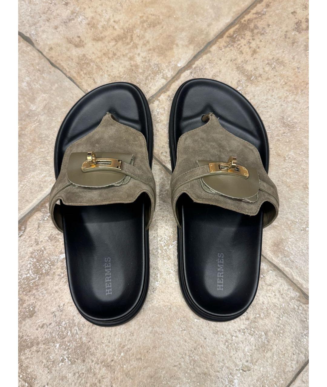 HERMES Хаки замшевые шлепанцы, фото 3