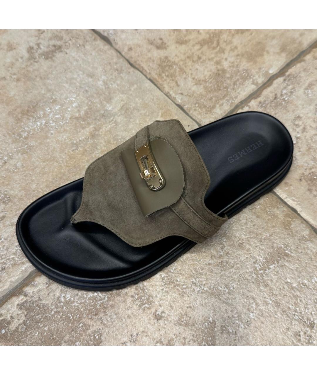 HERMES Хаки замшевые шлепанцы, фото 5