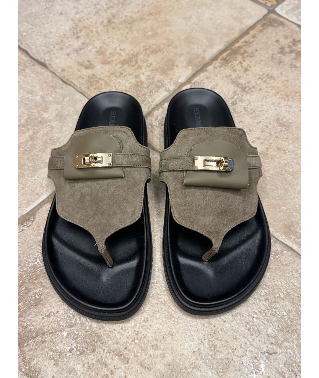 HERMES Хаки замшевые шлепанцы, фото 2