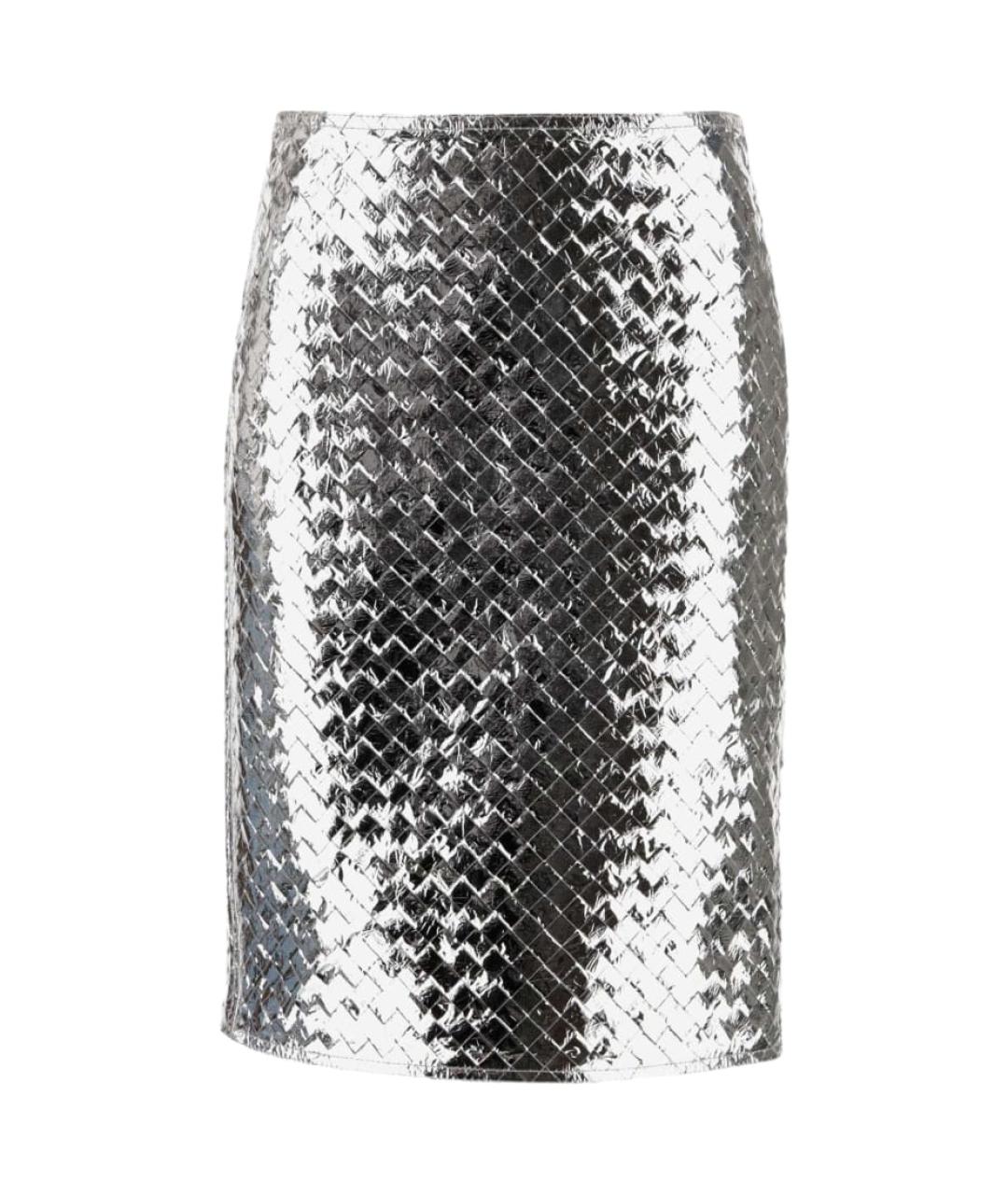 BOTTEGA VENETA Серебряная кожаная юбка миди, фото 1