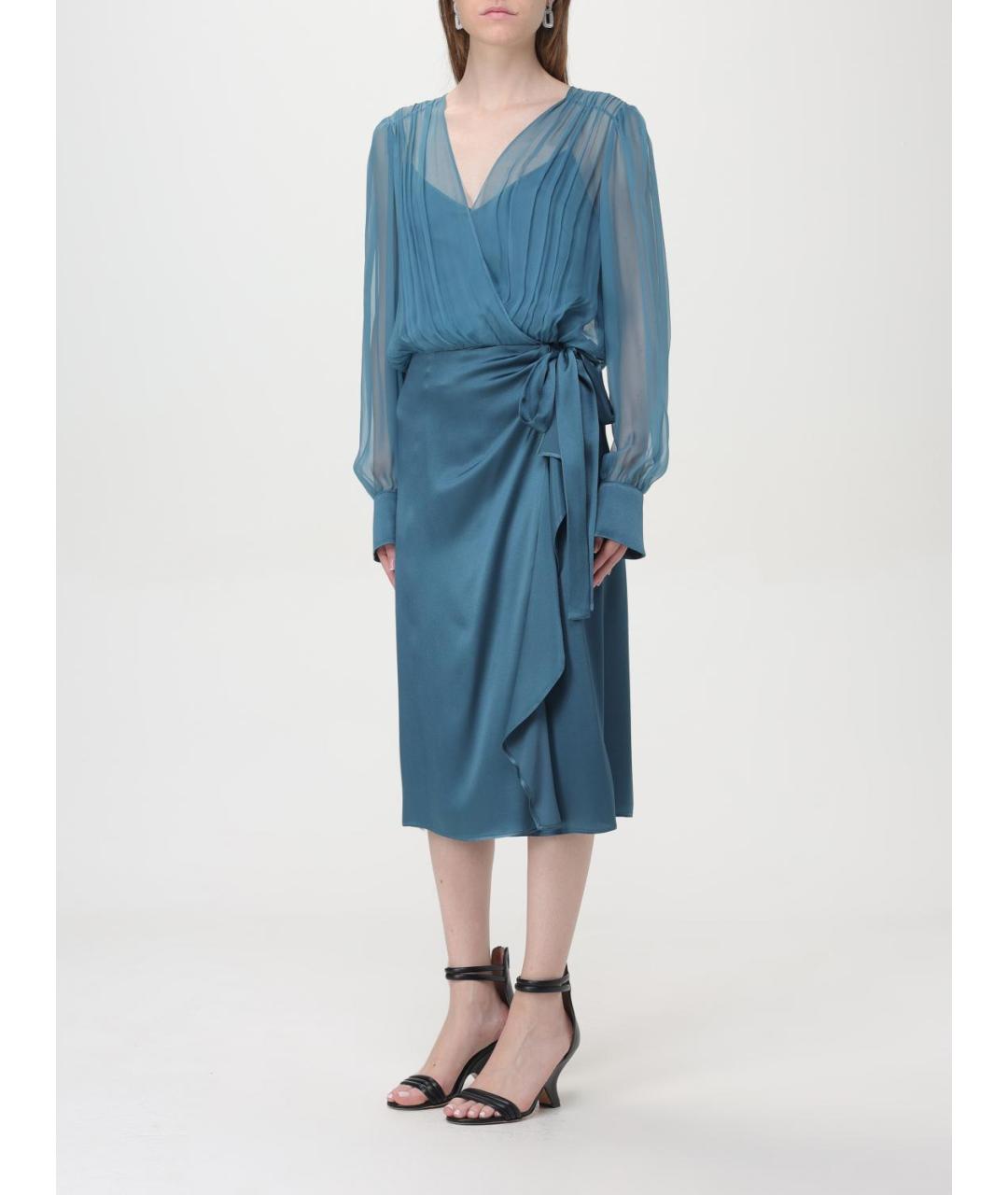 ALBERTA FERRETTI Бирюзовое шелковое повседневное платье, фото 4